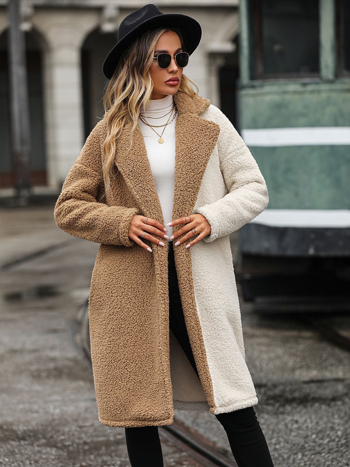 Contrast Dropped Shoulder Sherpa Coat - Shimmervee