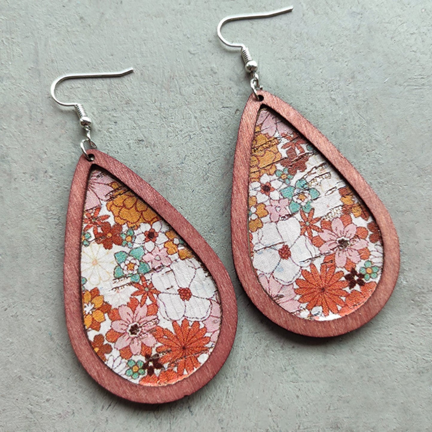 Floral Wood Teardrop Earrings - Shimmervee