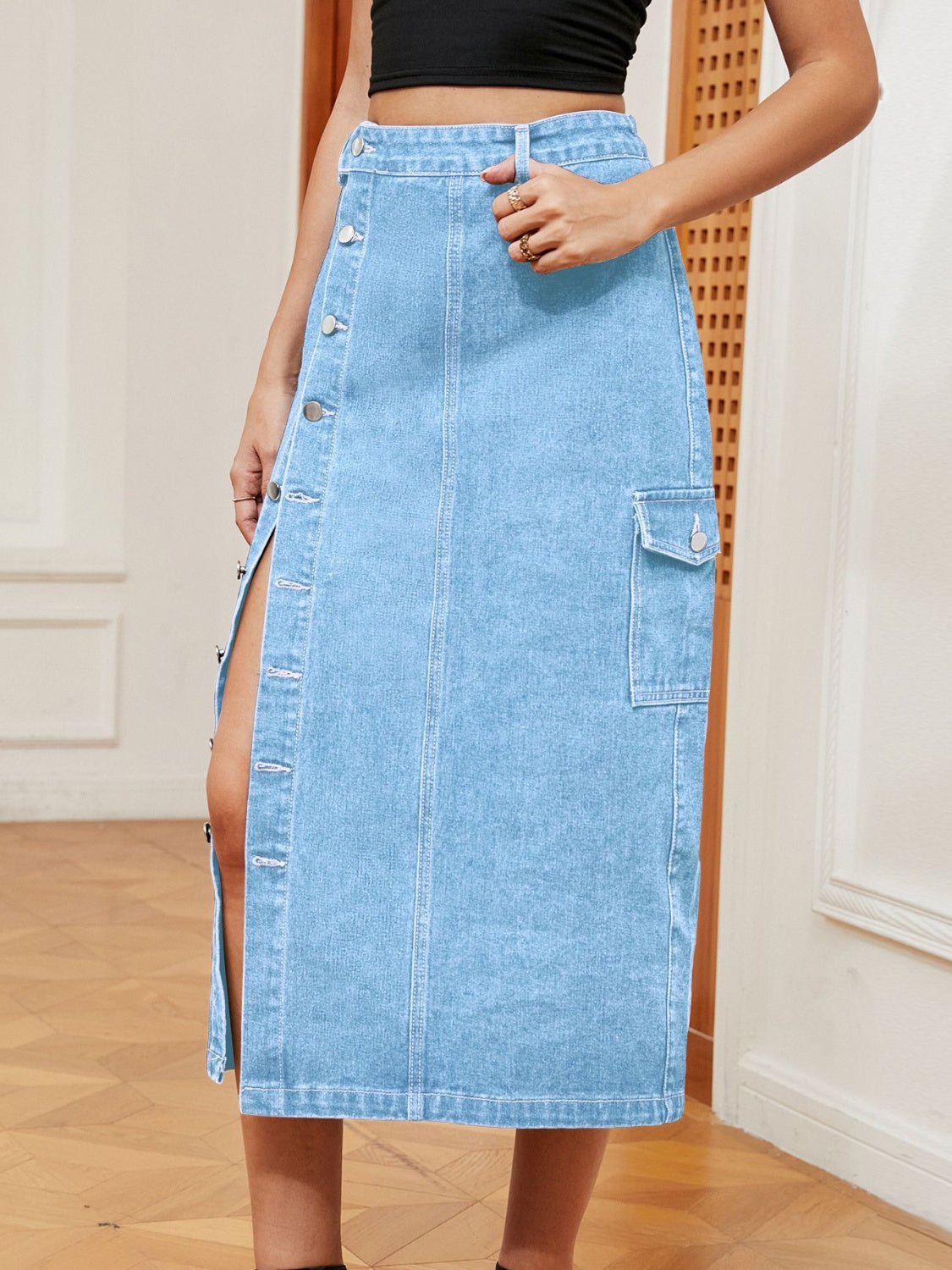 Button Down Midi Denim Skirt - Shimmervee