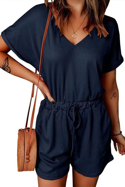 Full Size Drawstring V-Neck Short Sleeve Romper - Shimmervee