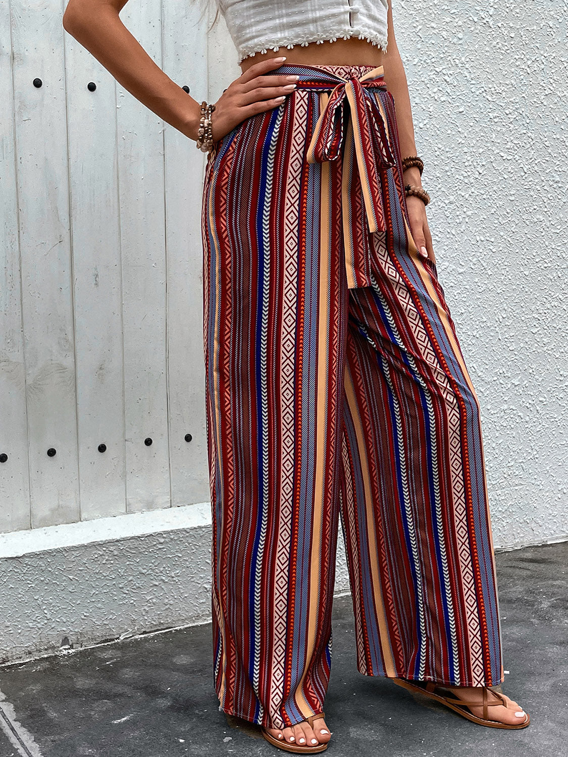 Perfee Tied Geometric Wide Leg Pants - Shimmervee