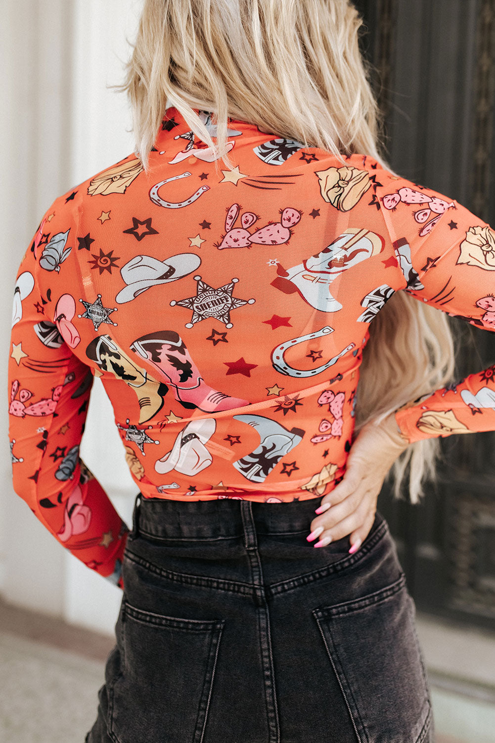 Printed Mock Neck Long Sleeve Bodysuit - Shimmervee