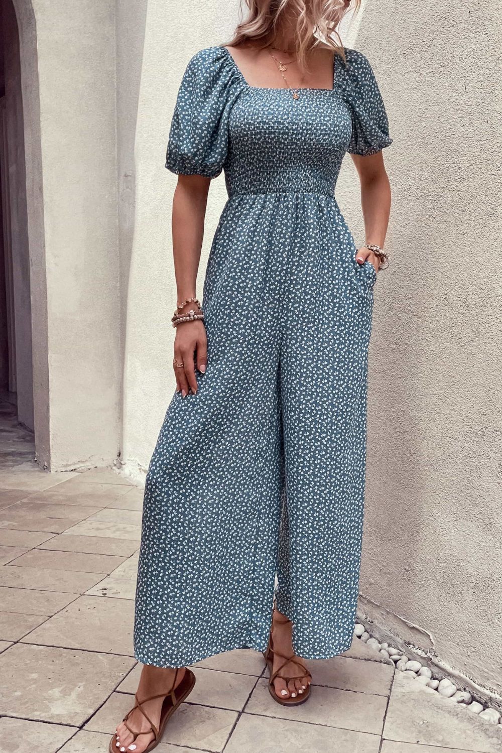 Perfee Printed Square Neck Jumpsuit with Pockets