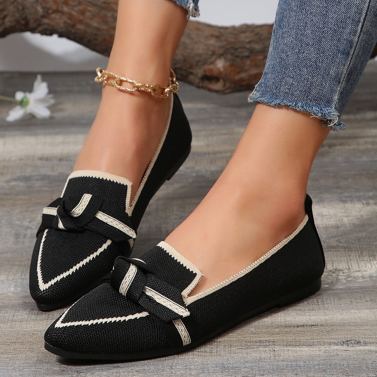 Bow Contrast Trim Point Toe Loafers - Shimmervee