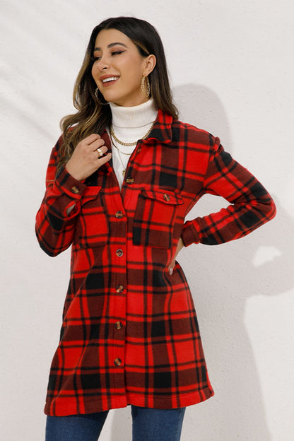 Shiny Plaid Collared Longline Coat - Shimmervee