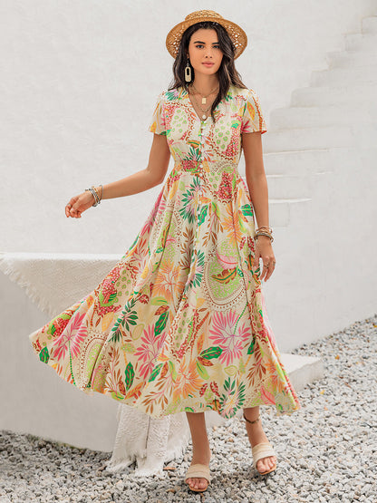 Printed V-Neck Short Sleeve Midi Dress - Shimmervee