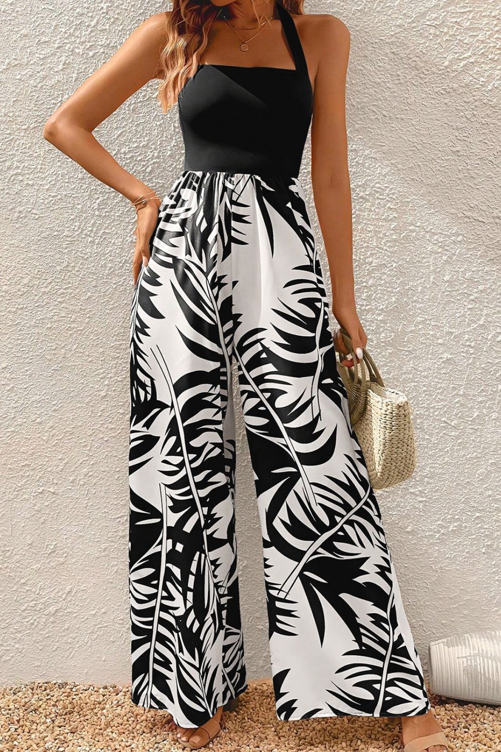 Printed Halter Wide Leg Jumpsuit - Shimmervee