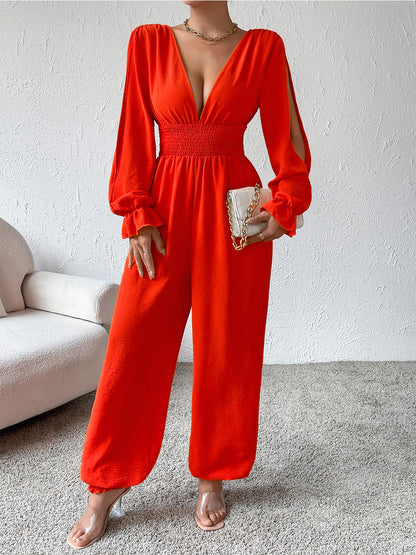 Honey Plunge Smocked Flounce Sleeve Jumpsuit - Shimmervee