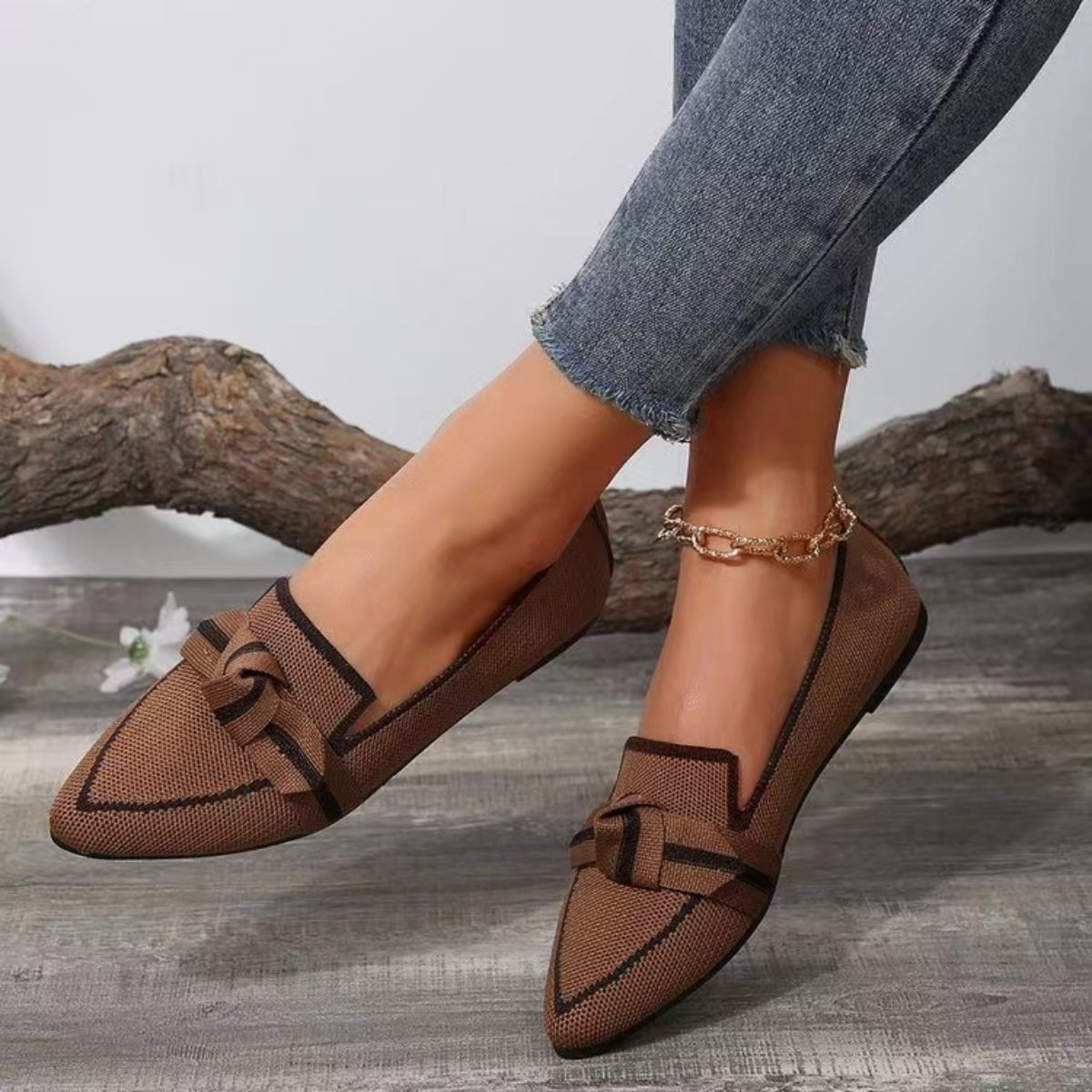 Bow Contrast Trim Point Toe Loafers - Shimmervee