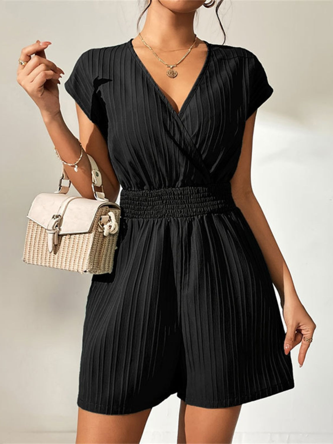 Tied Surplice Short Sleeve Romper - Shimmervee