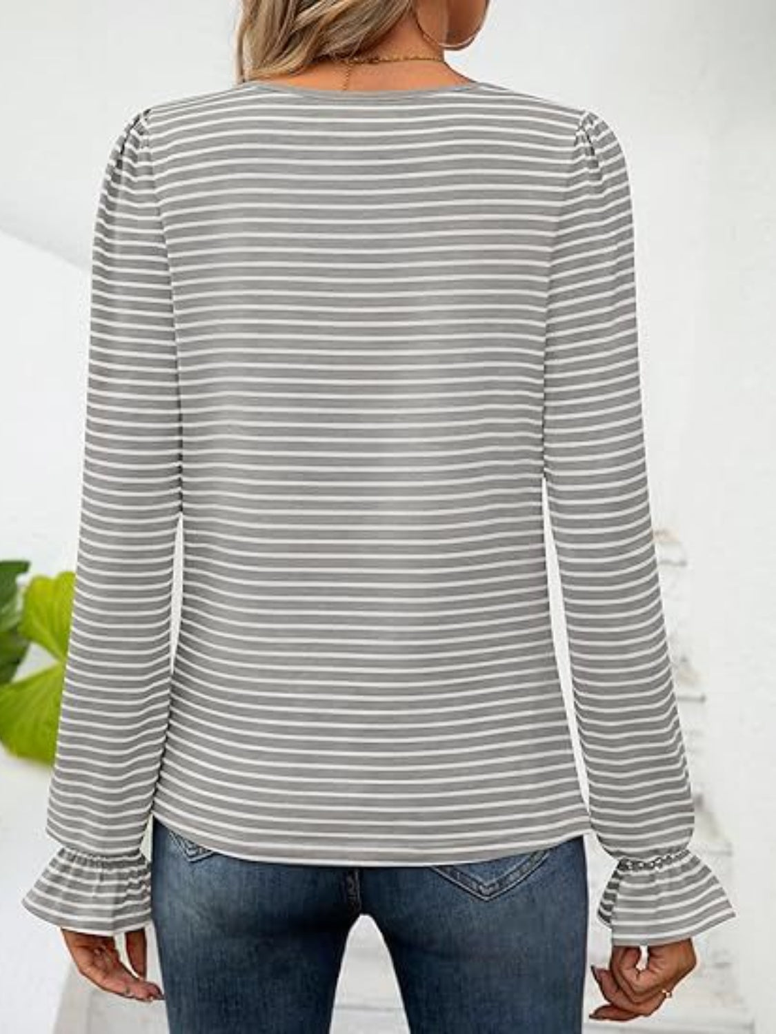 Striped Square Neck Flounce Sleeve Top - Shimmervee