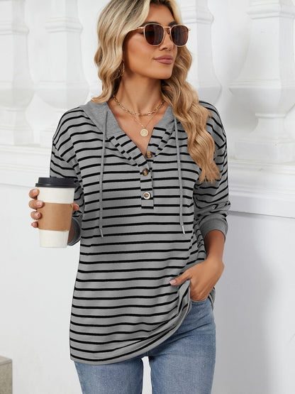 Drawstring Striped Long Sleeve Hoodie - Shimmervee