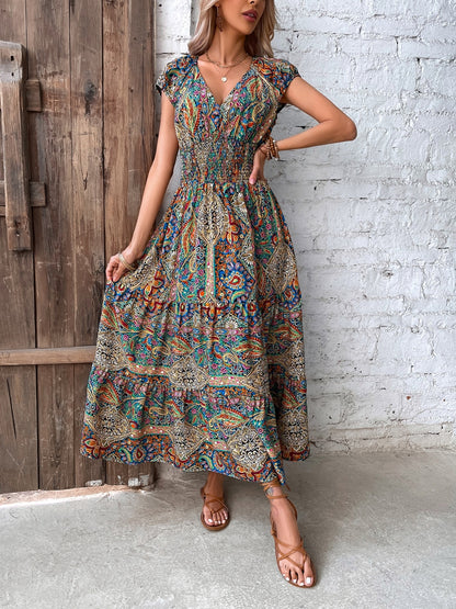 Honey Smocked Printed Cap Sleeve Midi Dress