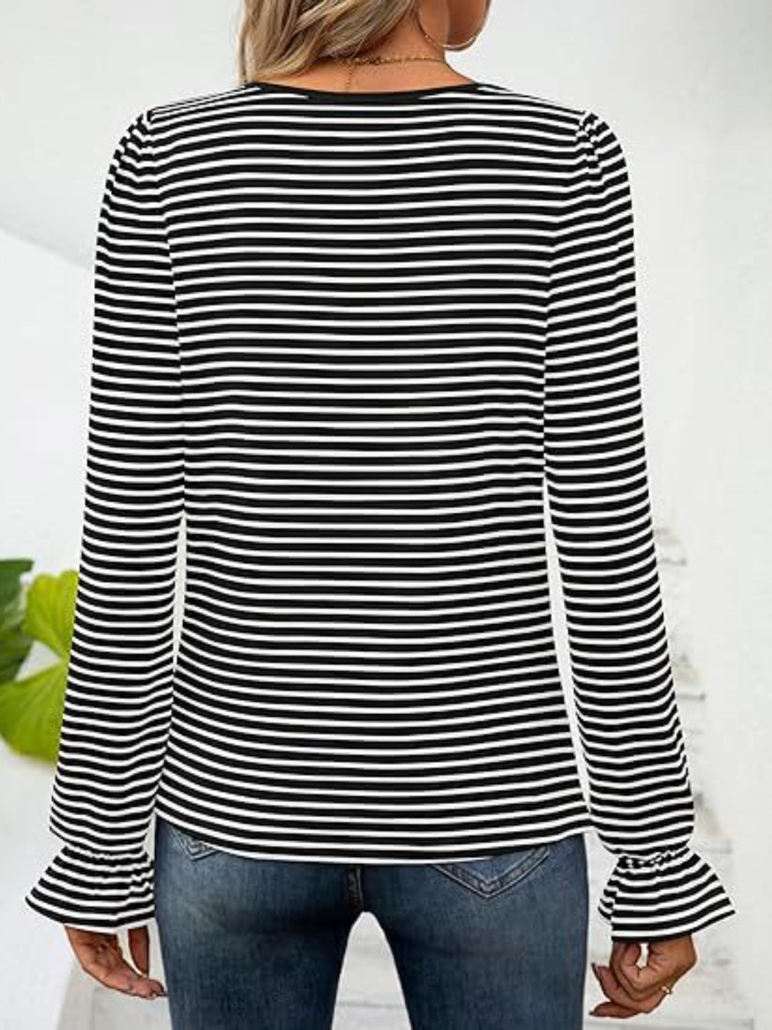 Striped Square Neck Flounce Sleeve Top - Shimmervee