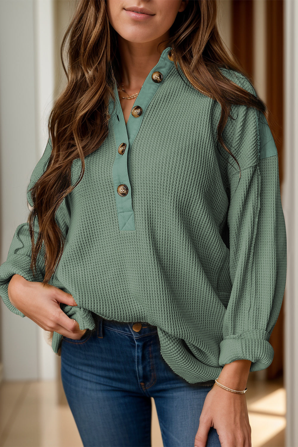 Half Button Long Sleeve Top