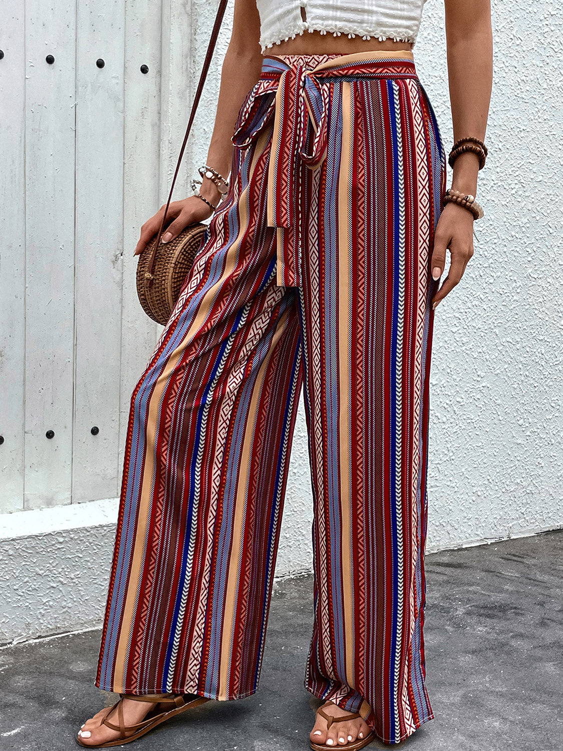 Perfee Tied Geometric Wide Leg Pants - Shimmervee