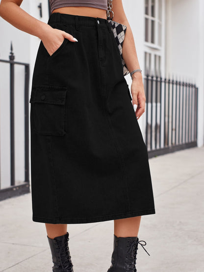 Slit Buttoned Denim Skirt with Pockets - Shimmervee