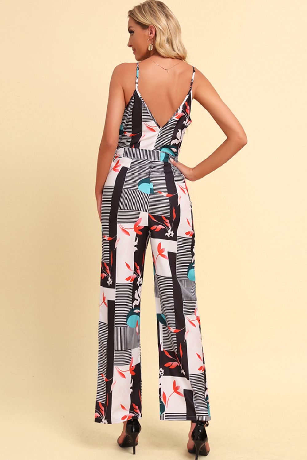 Printed Spaghetti Strap Tied Jumpsuit - Shimmervee