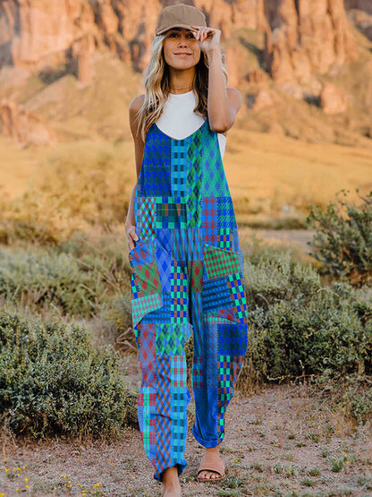 Full Size Printed V-Neck Sleeveless Jumpsuit - Shimmervee