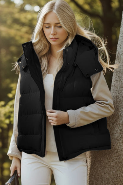 Pocketed Zip Up Hooded Vest Coat - Shimmervee