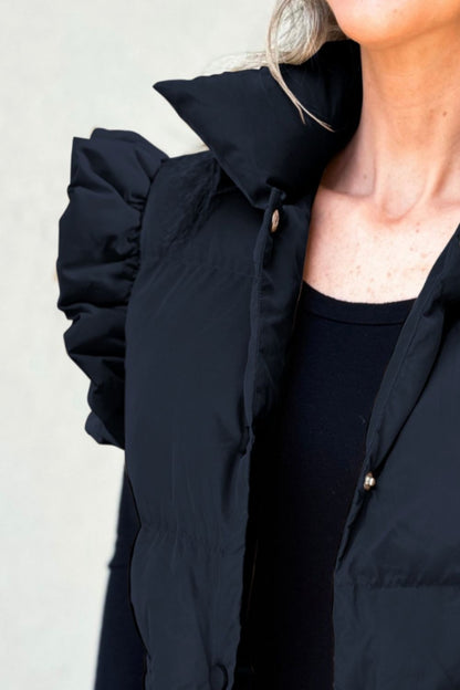 MeiMei Ruffled Snap Down Mock Neck Vest Coat