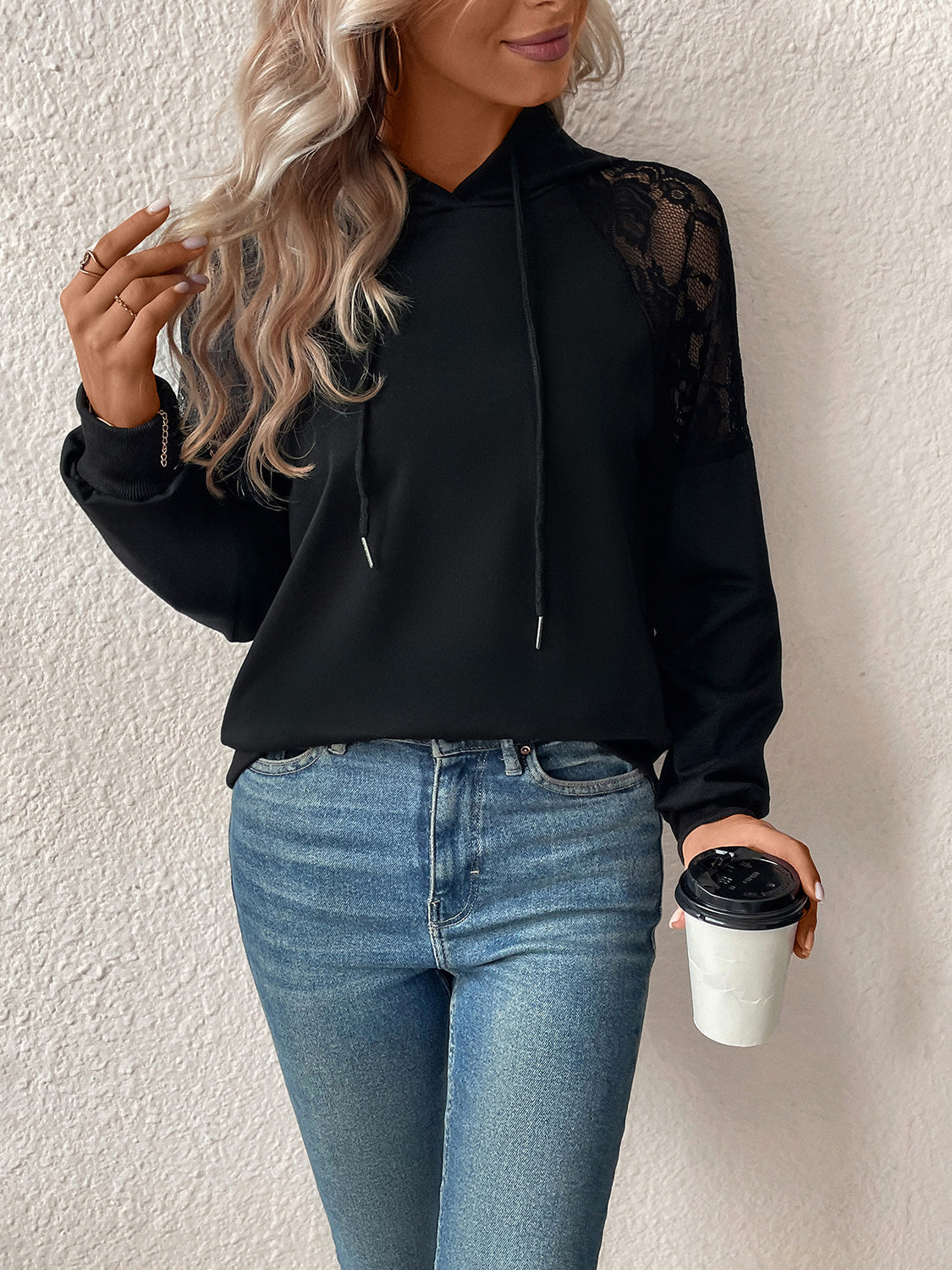 Perfee Lace Detail Drawstring Long Sleeve Hoodie - Shimmervee