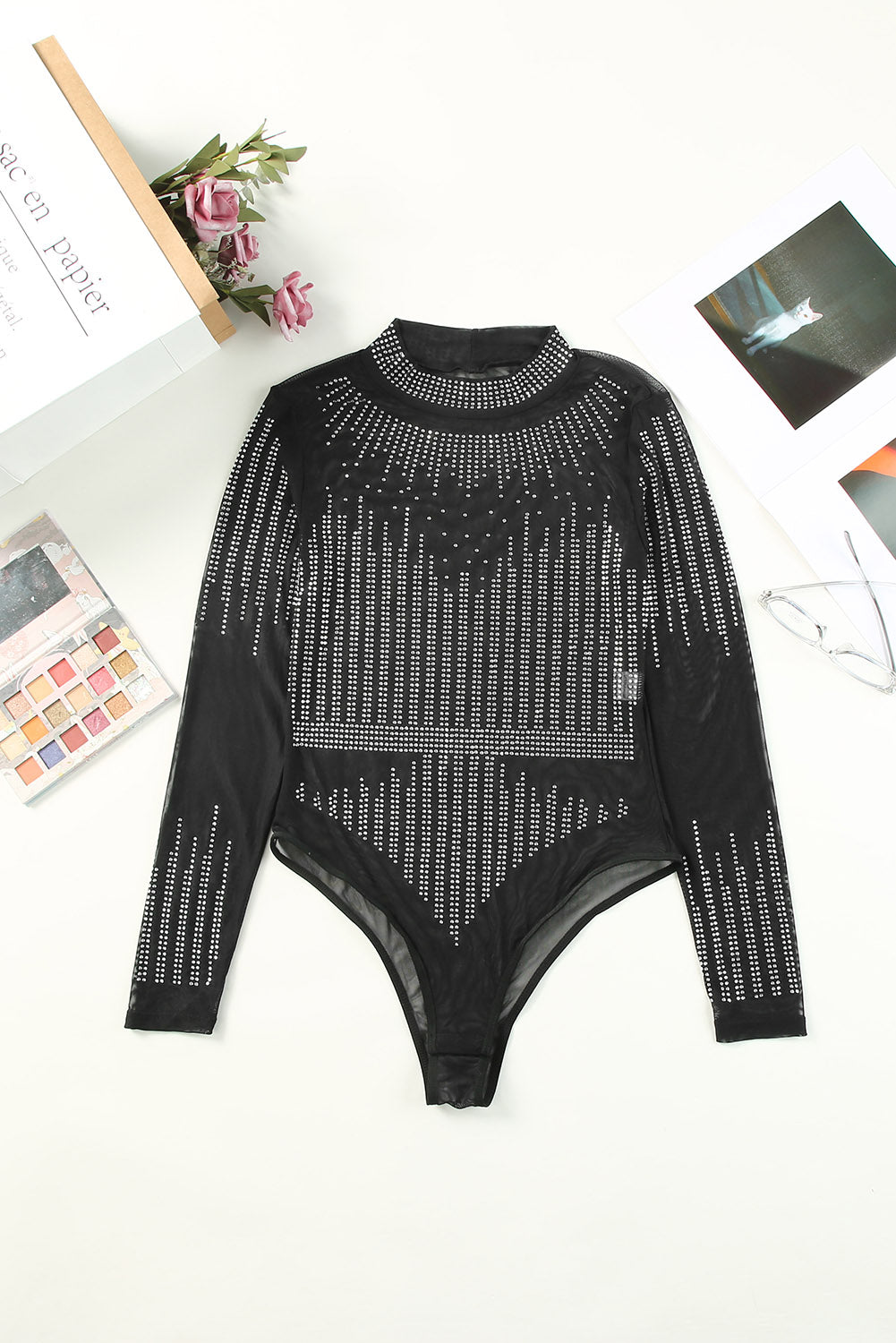 Rhinestone Round Neck Long Sleeve Bodysuit - Shimmervee