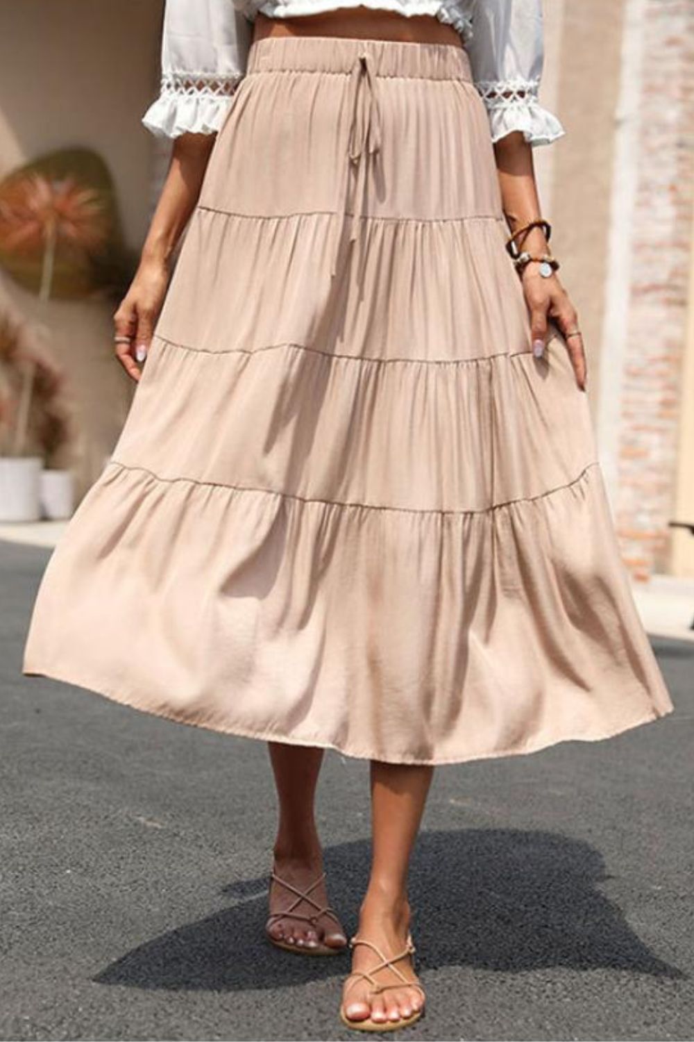 Perfee Elastic Waist Tiered Midi Skirt - Shimmervee