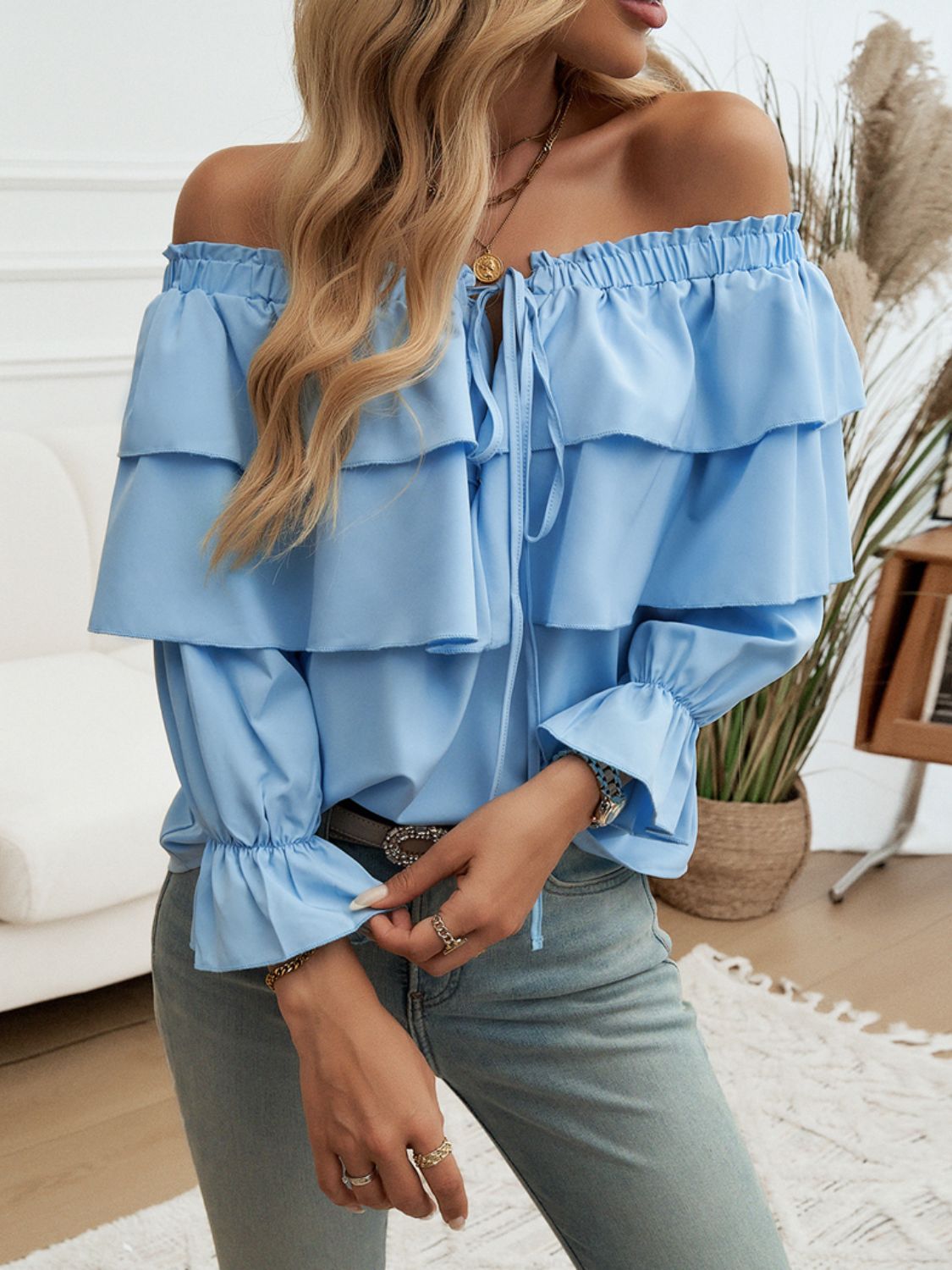 Devine Off-Shoulder Flounce Sleeve Blouse - Shimmervee