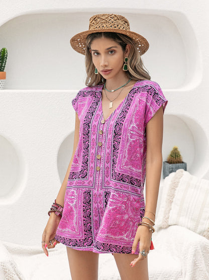 Printed V-Neck Cap Sleeve Romper