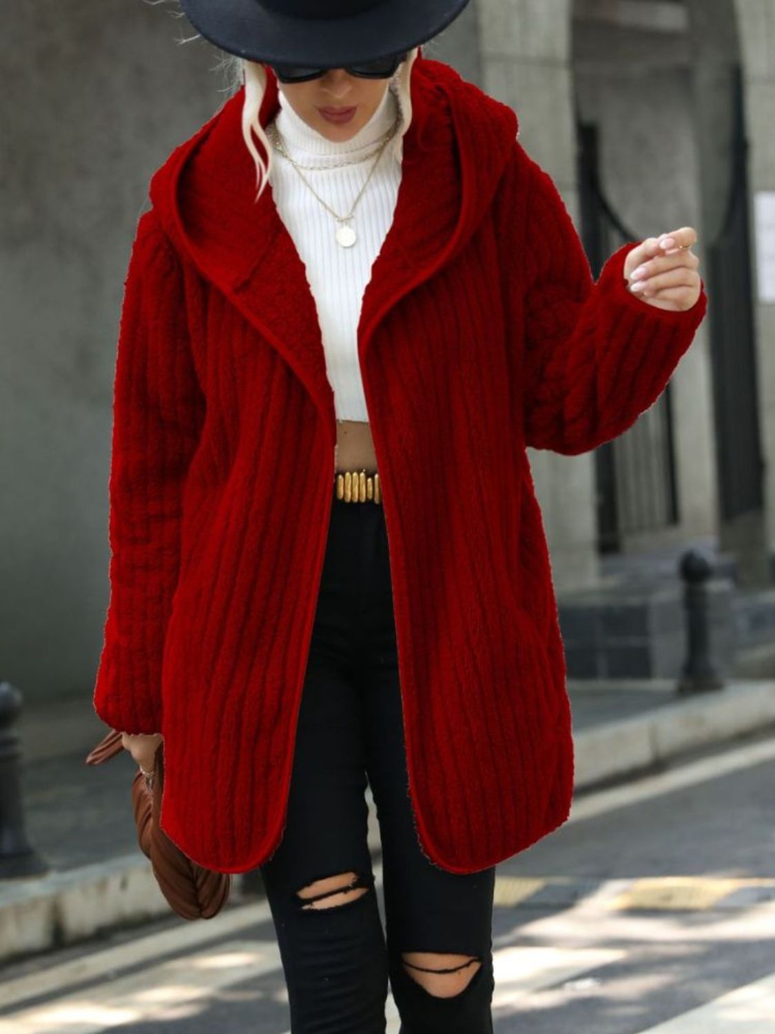 Open Front Ribbed Hooded Coat