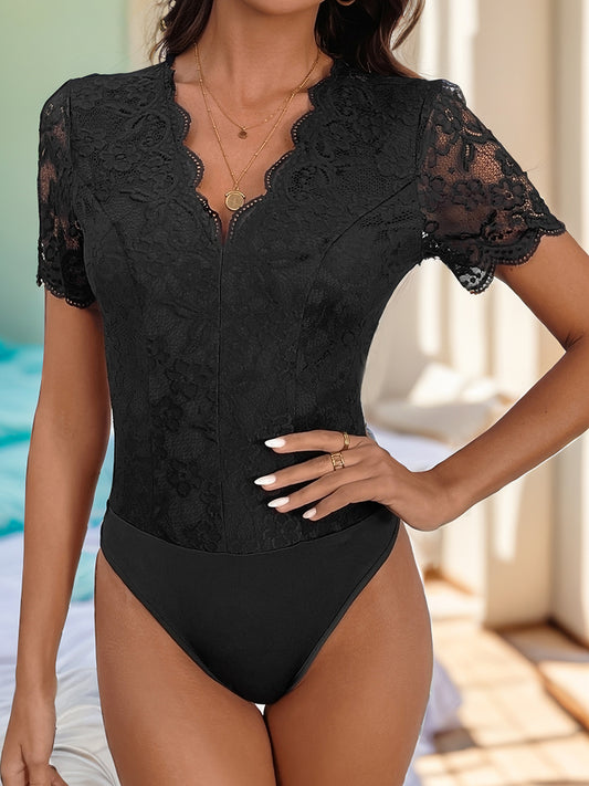 Perfee V-Neck Short Sleeve Lace Bodysuit - Shimmervee