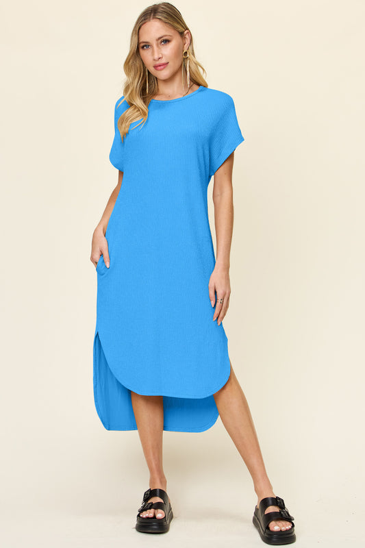 Double Take Full Size Round Neck Short Sleeve Slit Dress