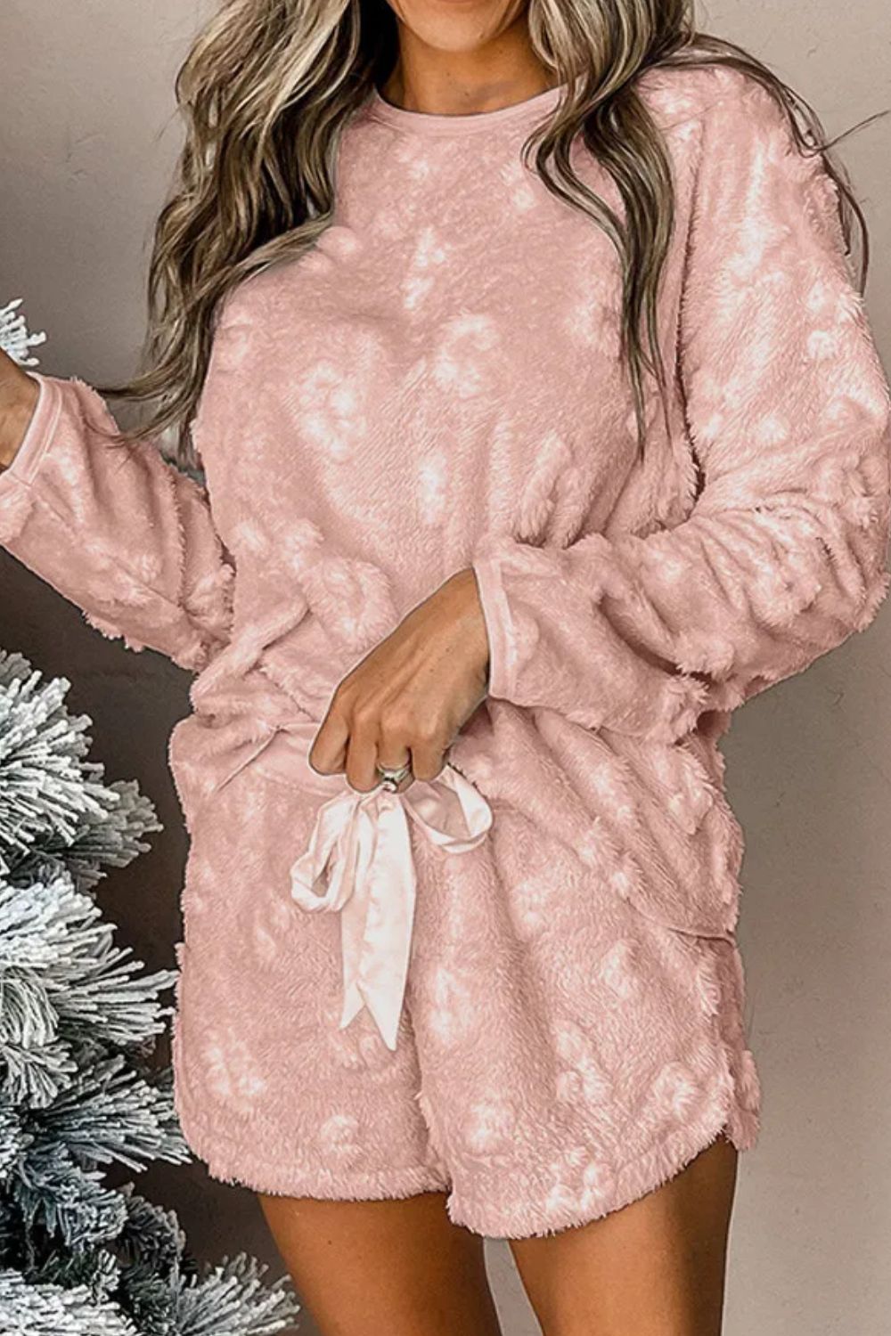 Round Neck Long Sleeve Top and Shorts Lounge Set - Shimmervee