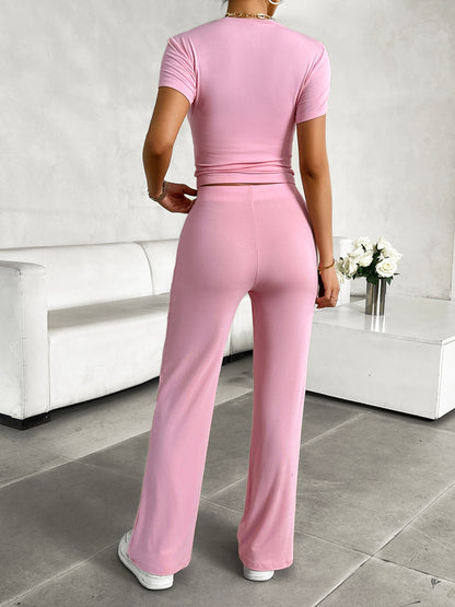 Devine Round Neck Short Sleeve Top and Pants Set