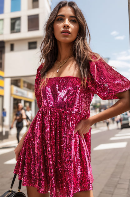 Sequin Square Neck Balloon Sleeve Romper - Shimmervee