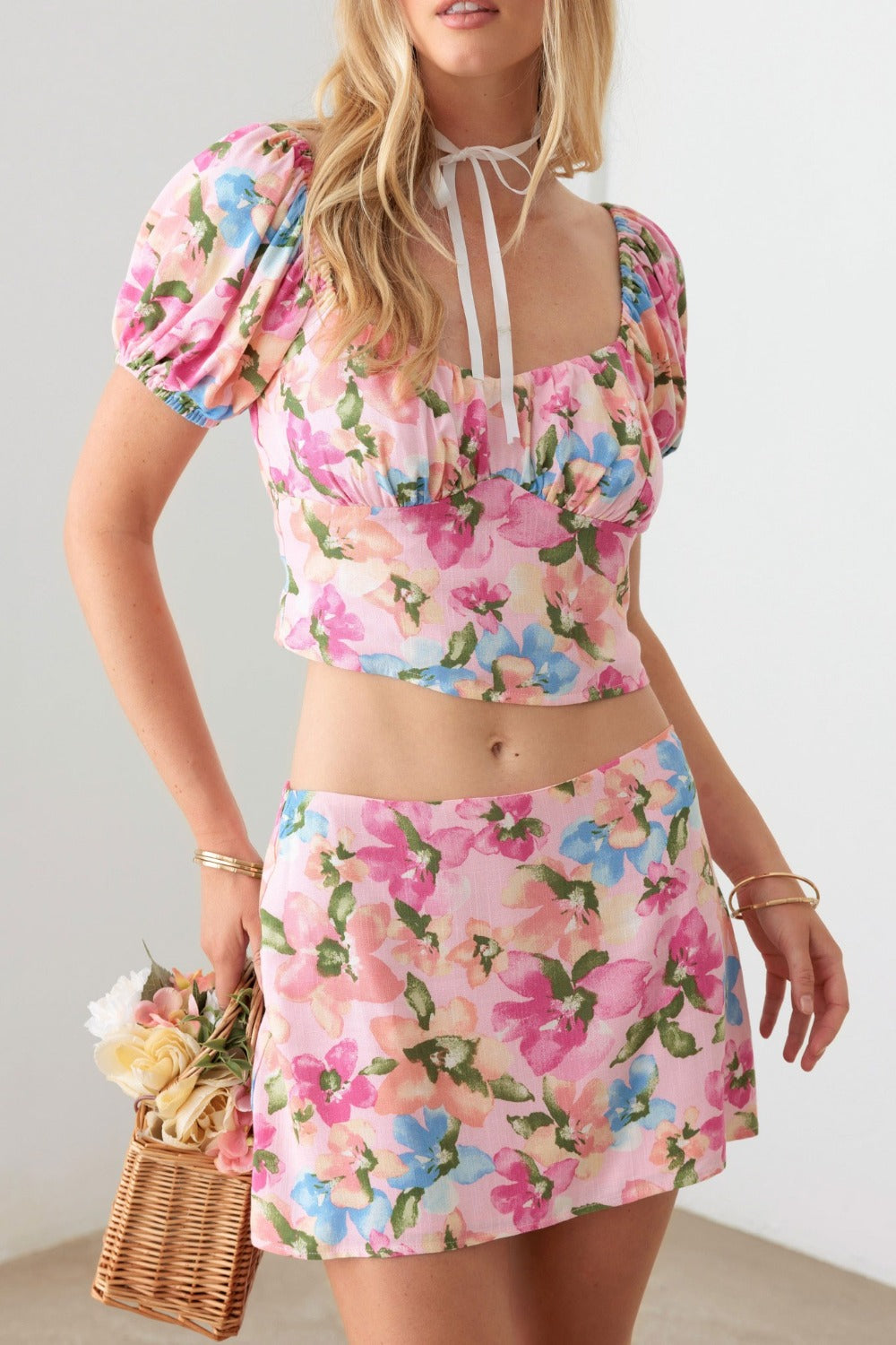 Le Lis Floral Puff Sleeve Crop Top and Mini Skirt Set - Shimmervee