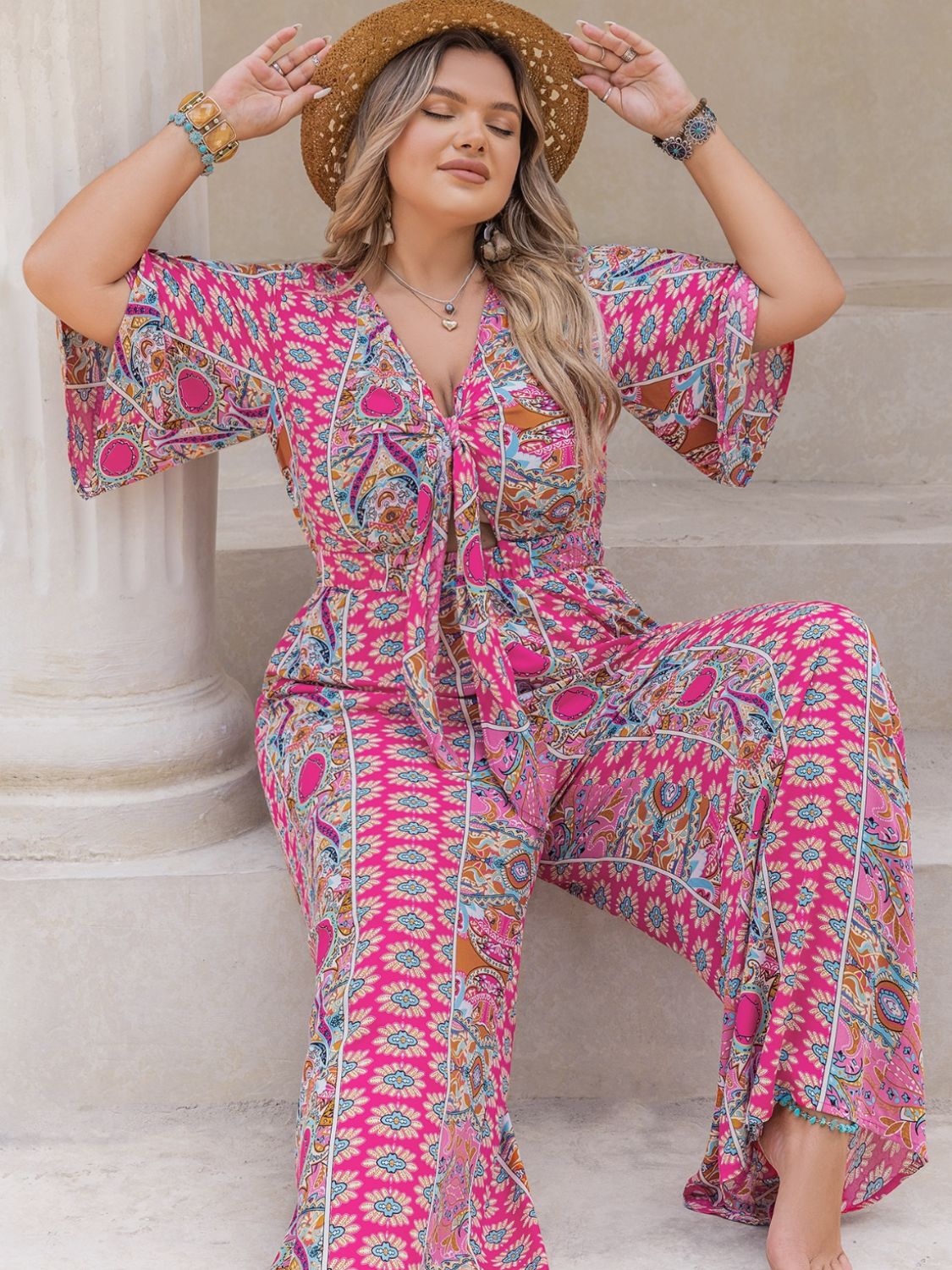 Plus Size Printed Half Sleeve Wide Leg Jumpsuit - Shimmervee