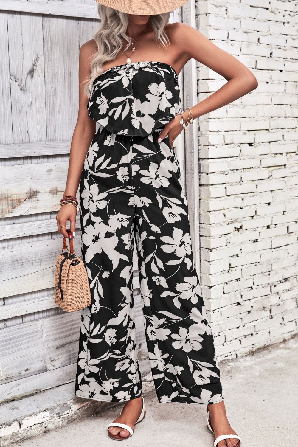 Perfee Floral Strapless Wide Leg Jumpsuit - Shimmervee