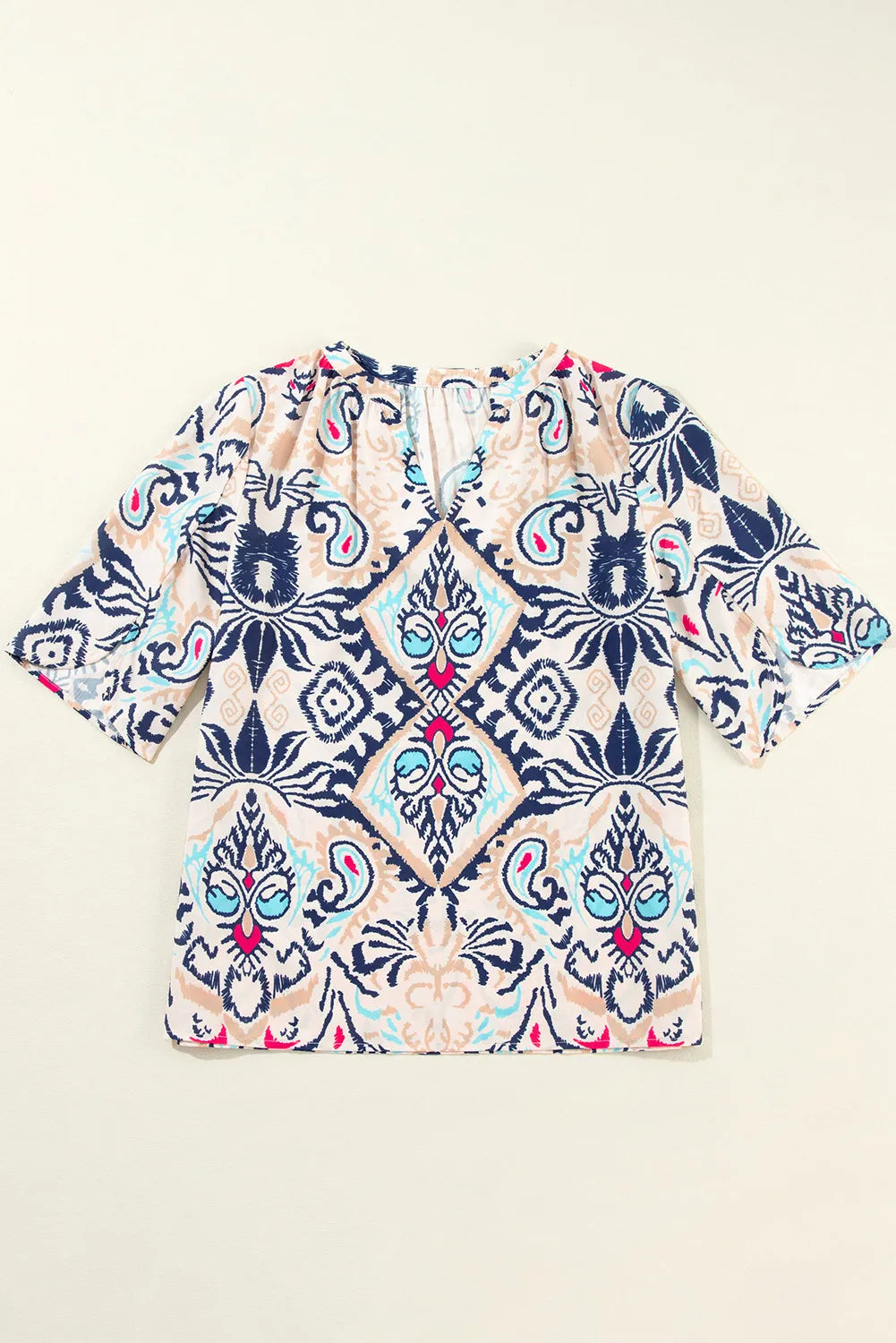 Printed Notched Half Sleeve Blouse - Shimmervee