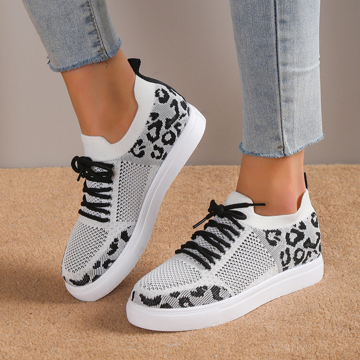 Lace-Up Leopard Flat Sneakers - Shimmervee