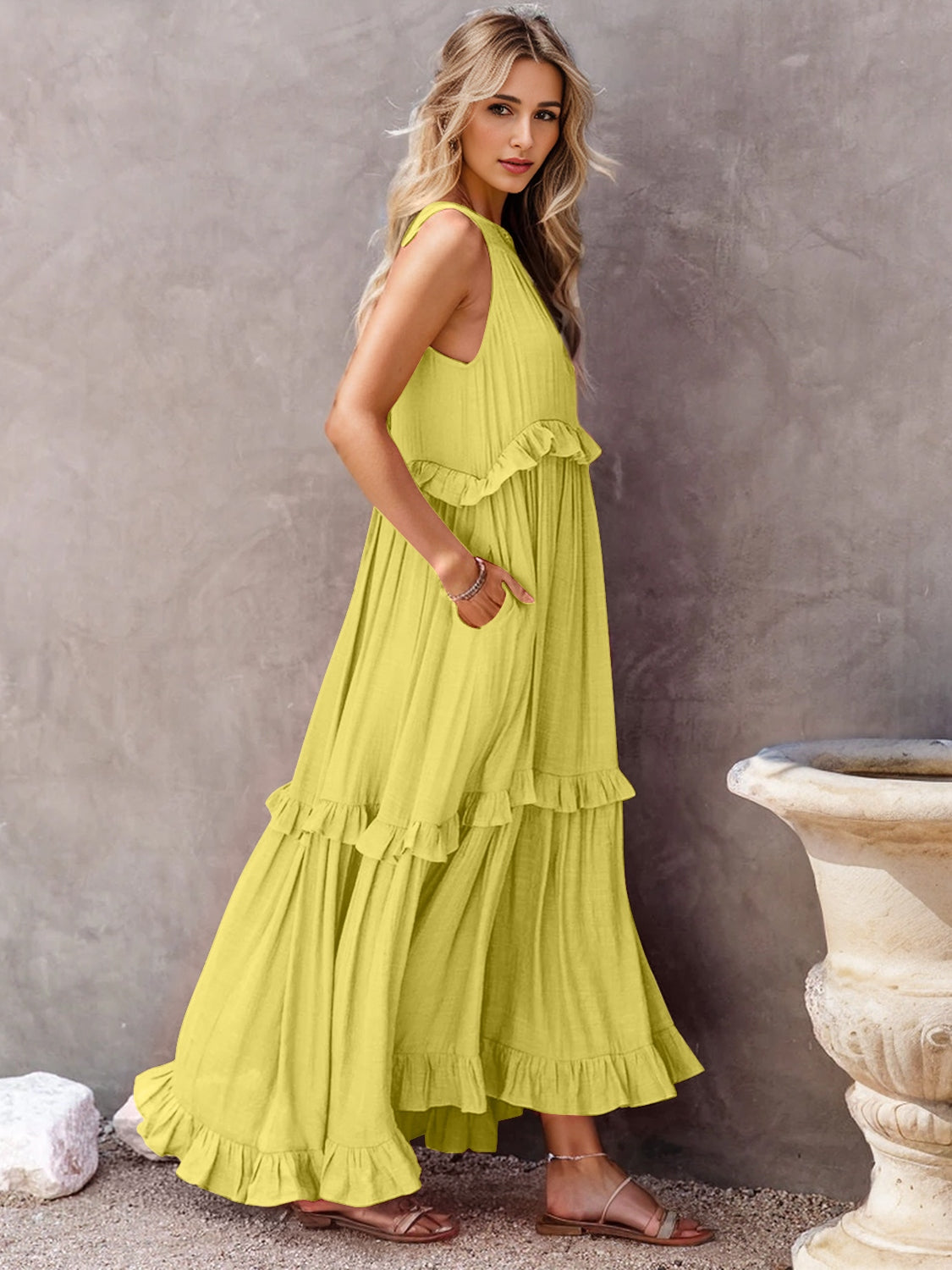 Ruffled Sleeveless Tiered Maxi Dress with Pockets - Shimmervee