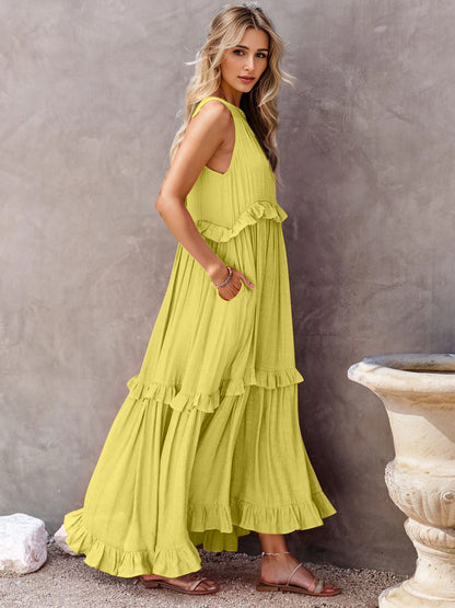 Ruffled Sleeveless Tiered Maxi Dress with Pockets - Shimmervee