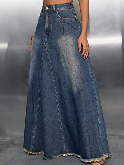 Raw Hem High Waist Denim Skirt with Pockets - Shimmervee