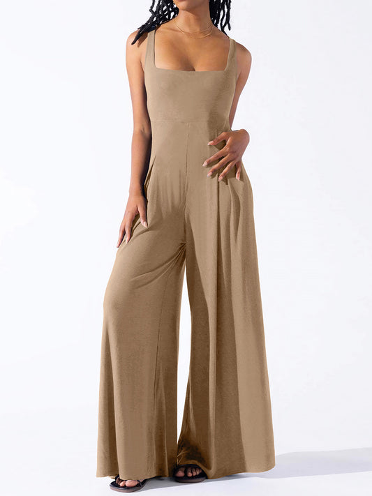 Square Neck Wide Strap Jumpsuit - Shimmervee