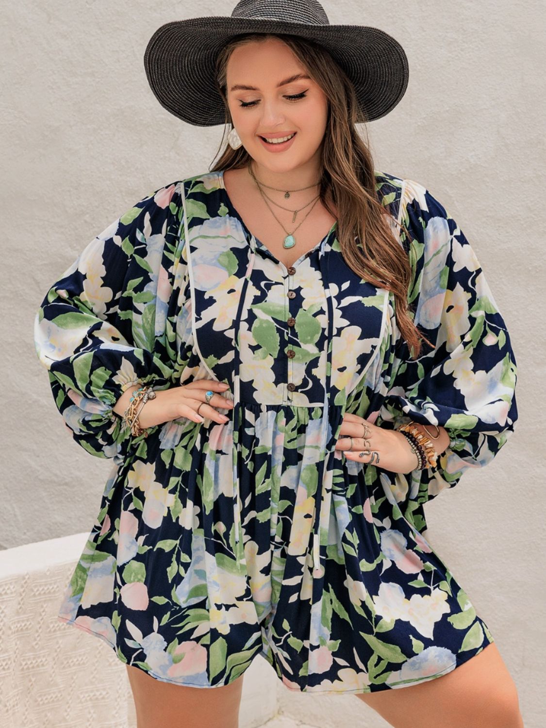 Plus Size Tied Printed Long Sleeve Romper - Shimmervee