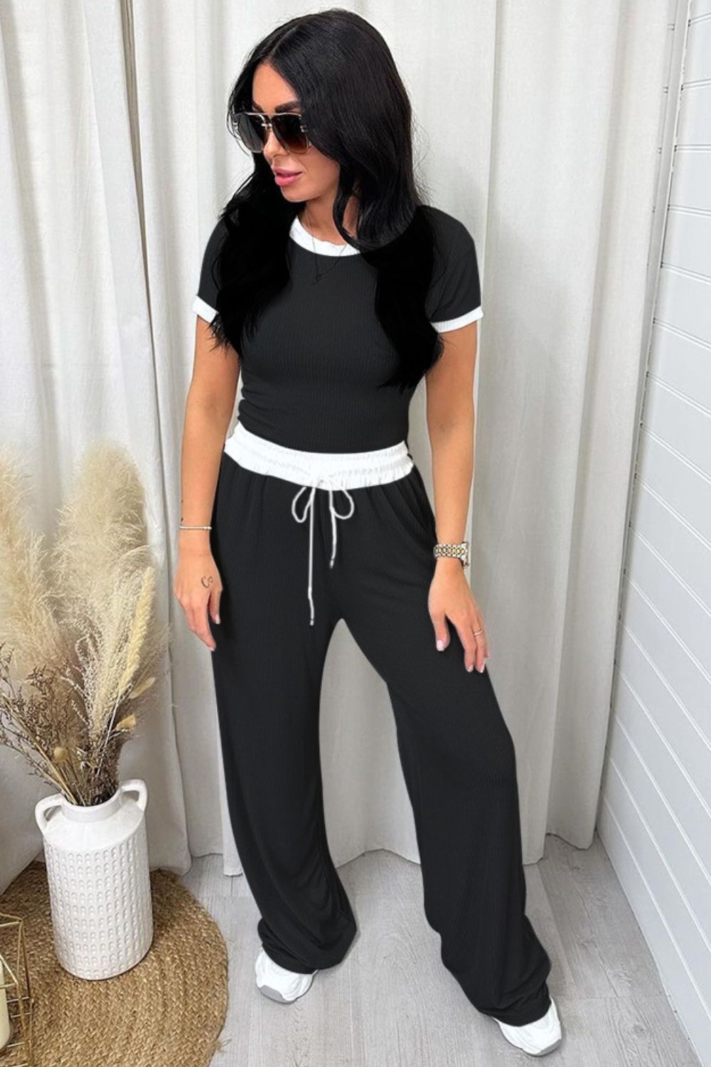 Contrast Trim Round Neck Top and Pants Set - Shimmervee