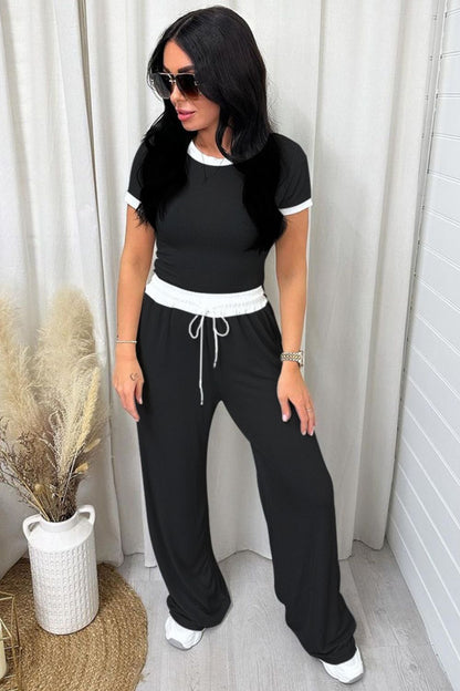 Contrast Trim Round Neck Top and Pants Set - Shimmervee