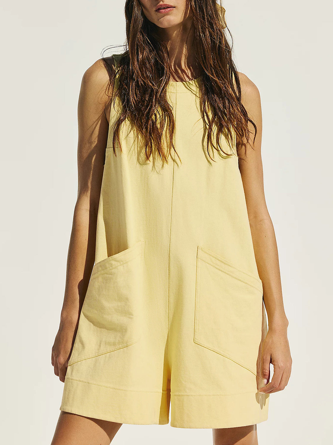 Perfee Round Neck Sleeveless Romper with Pockets