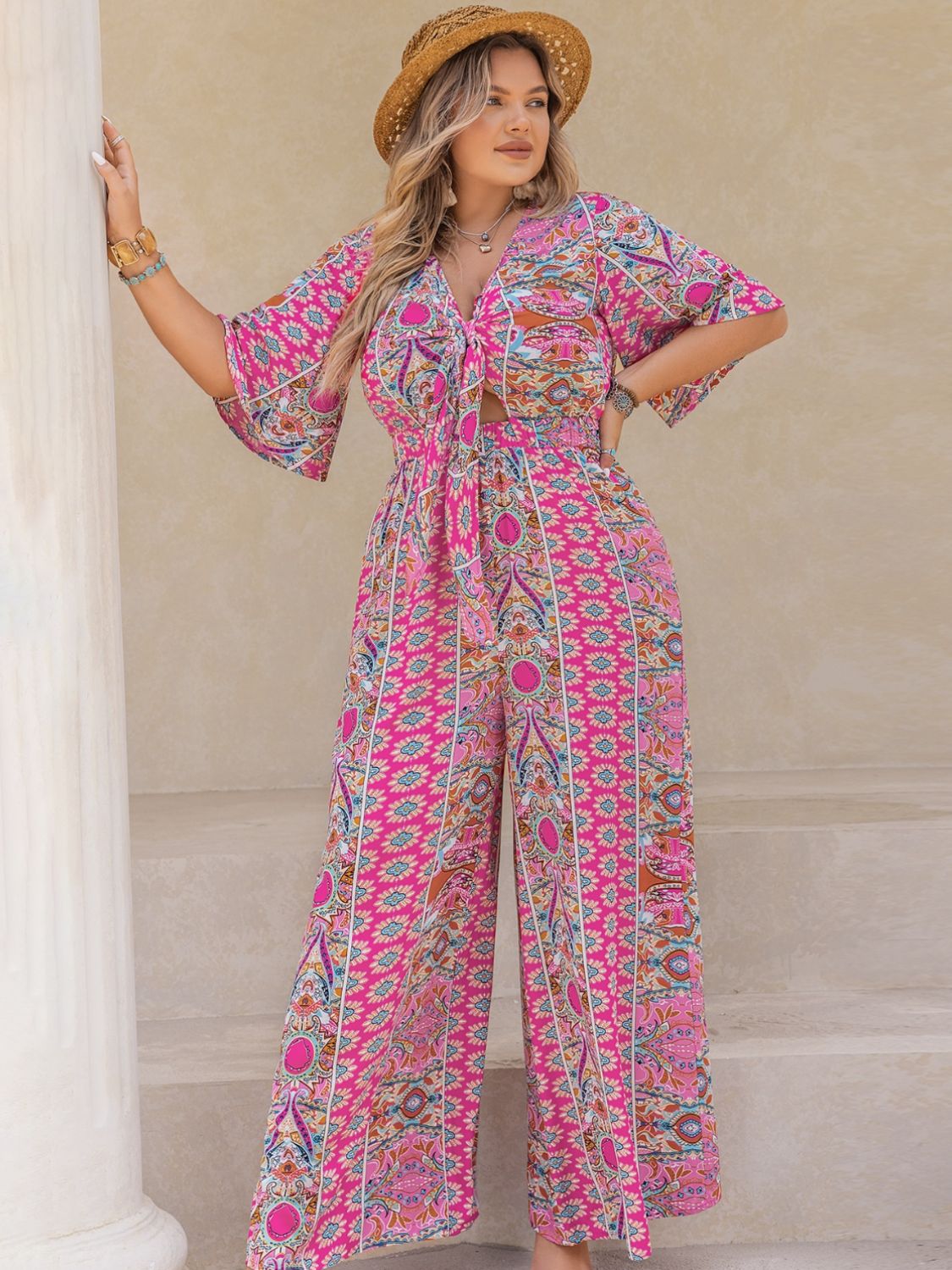 Plus Size Printed Half Sleeve Wide Leg Jumpsuit - Shimmervee